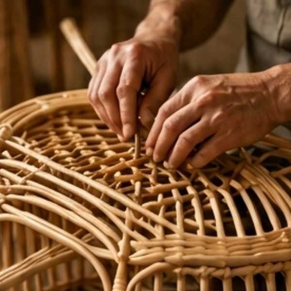 Tangan pengrajin sedang menganyam rotan