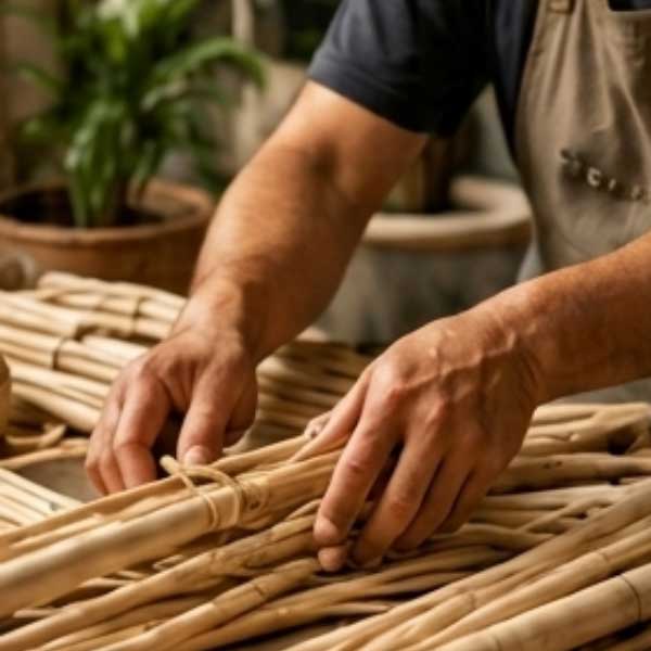 Pengrajin memilih dan menyiapkan bahan rotan